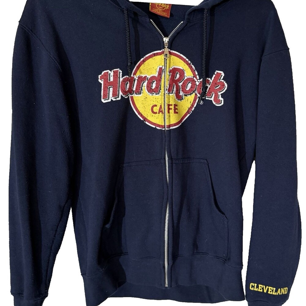Hard Rock Cafe Cleveland Hoodie Mens Small Zip Logo Graphic Sweatshirt Blue